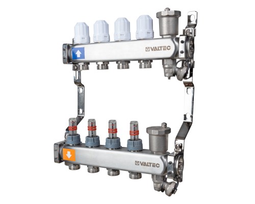 Коллекторный блок из НЕРЖ. стали с регул. клап. и расх., 1"х2 вых. Евроконус 3/4" VTc.579.EMNX.0602